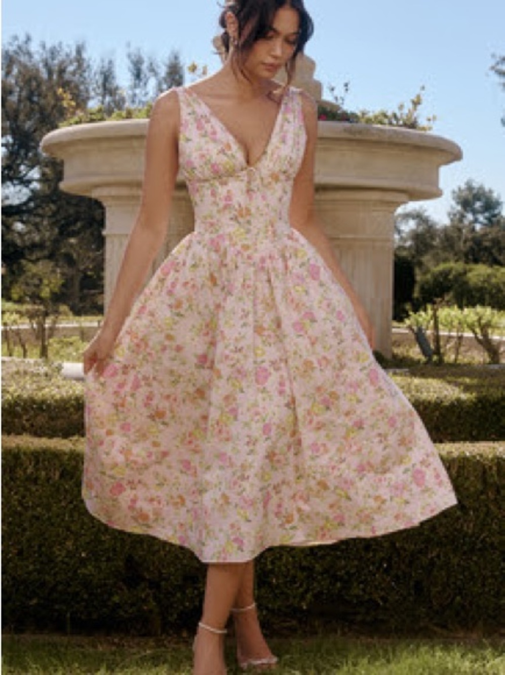 Floral Pink V-Neck Midi Dress